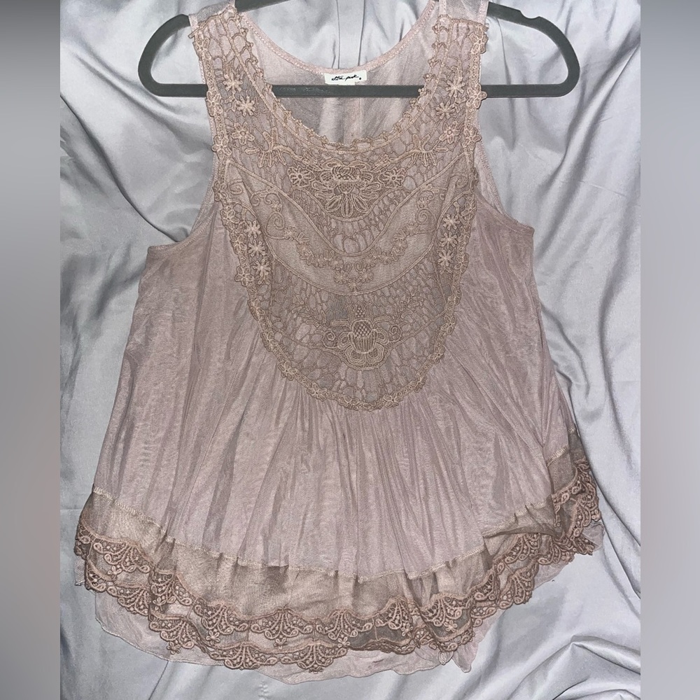 Ultra Pink Sleeveless Crochet Yoke Tank Top in Beige - Picture 3 of 7